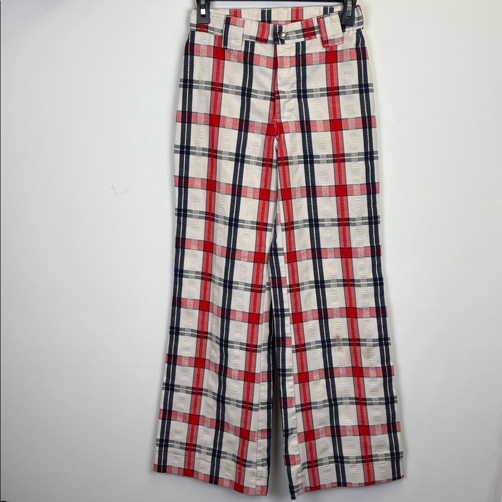 Levi's 1970’s Red, Navy Plaid Flare Pants/ Size tag removed/Levi Strauss Button